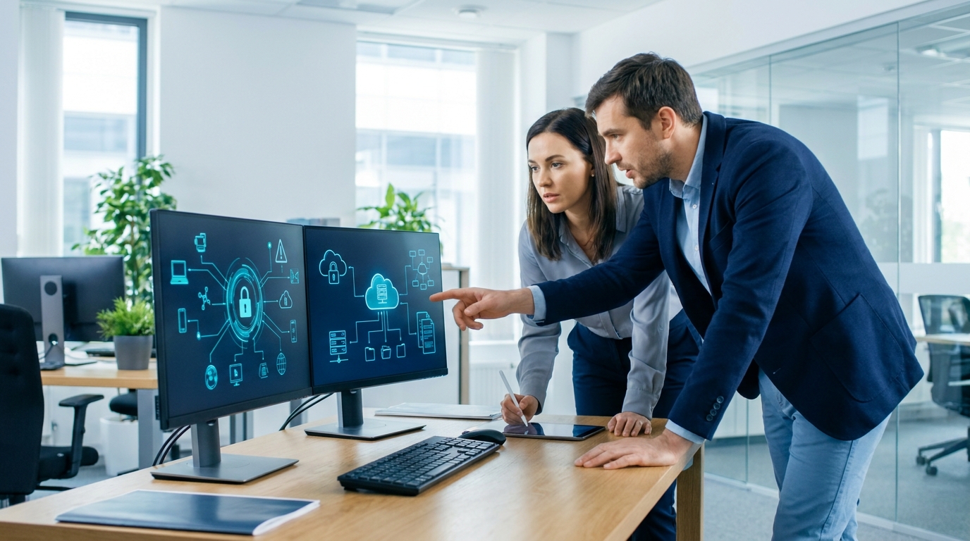 Two business IT professionals working together to fix a technology problem