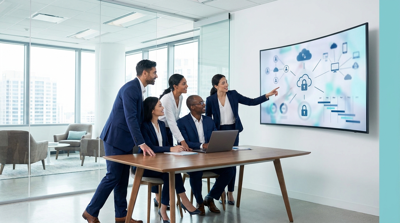 Business professionals discussing IT projects, network, cloud, and cybersecurity at a computer